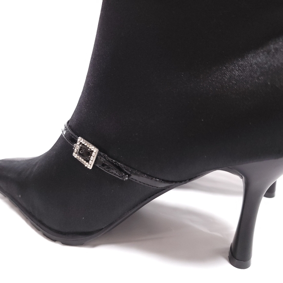 NEW Satin Lotus Black Pointed Toe Ankle Boot Bootie Rhinestone Buckle Sz 7.5 - Picture 2 of 10